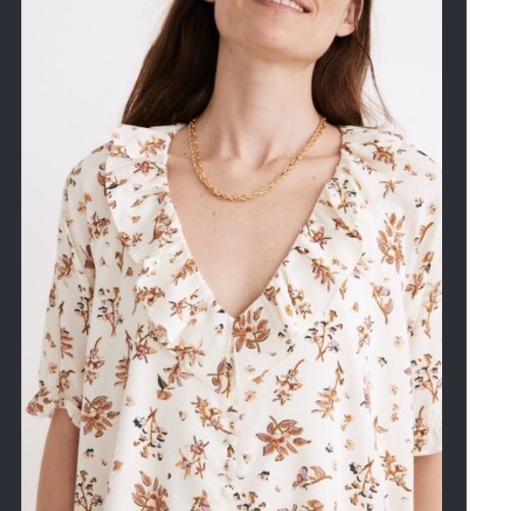 Madewell Floral Ruffle V-Neck Button Front Puff Sleeve Blouse White Rust Medium
